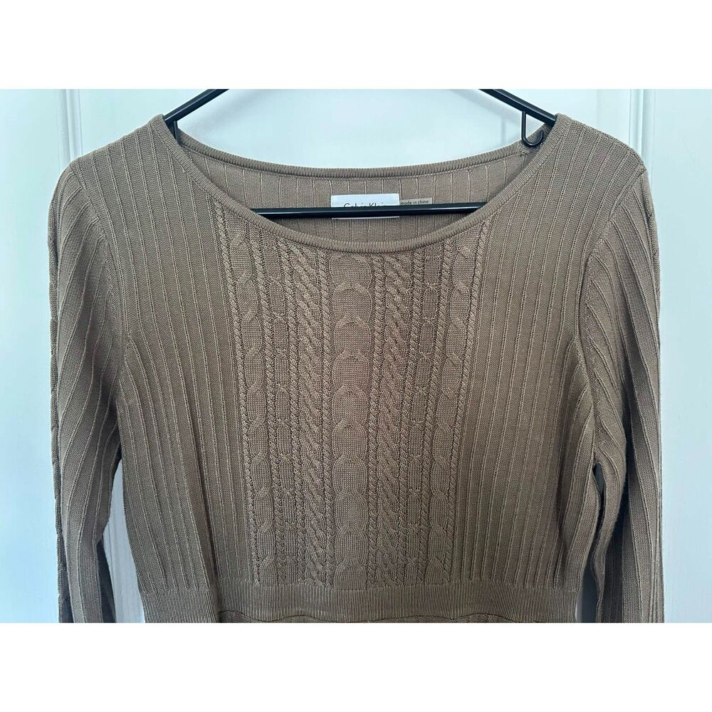 Calvin Klein Taupe Ribbed Cable Knit Fit Flare Classic Sweater Dress Pleated L - Picture 3 of 7